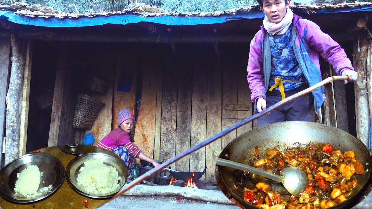 Yummy Pork fry curry at meal || Pastoral Nepal meal time || Life in the Jungle