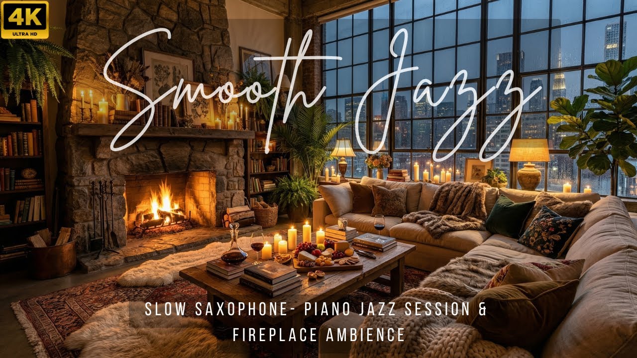 Romantic Rainy Jazz Night in Cozy Luxury Loft 🍷 Slow Saxophone - Piano & Fireplace Ambience 4K UHD