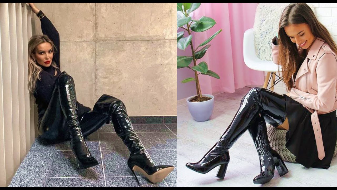 Stunning women in high tight patent leather boots