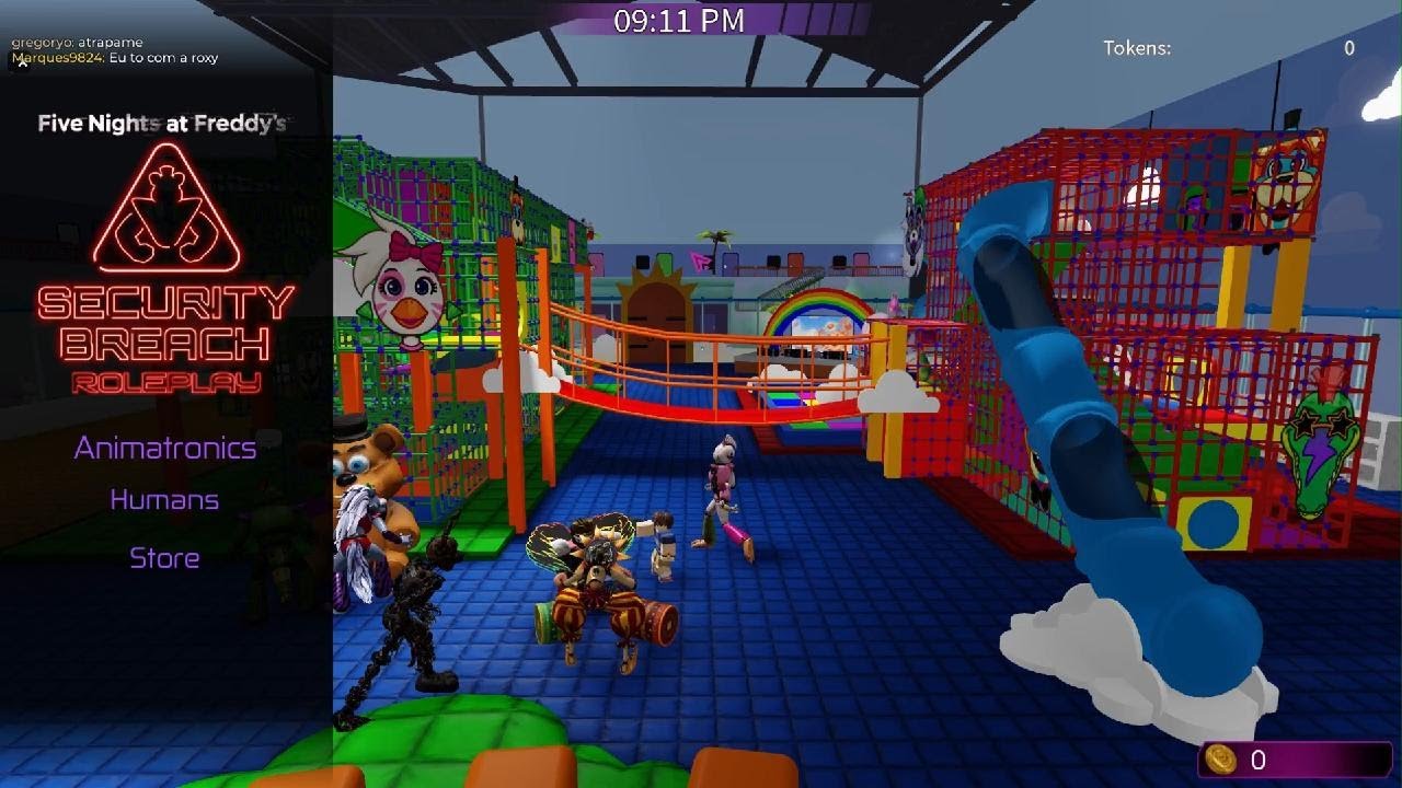 Playing 5 nights at Freddy's. Security breach role play.  In Roblox.