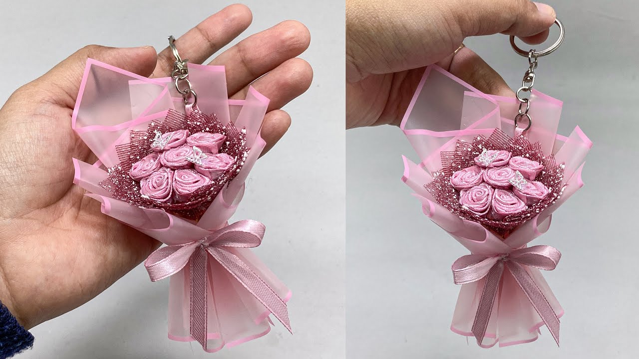 DIY Mini Bouquet Keychain | Cara Buat Gantungan Kunci Buket Bunga Mawar Mini Dari Pita Satin