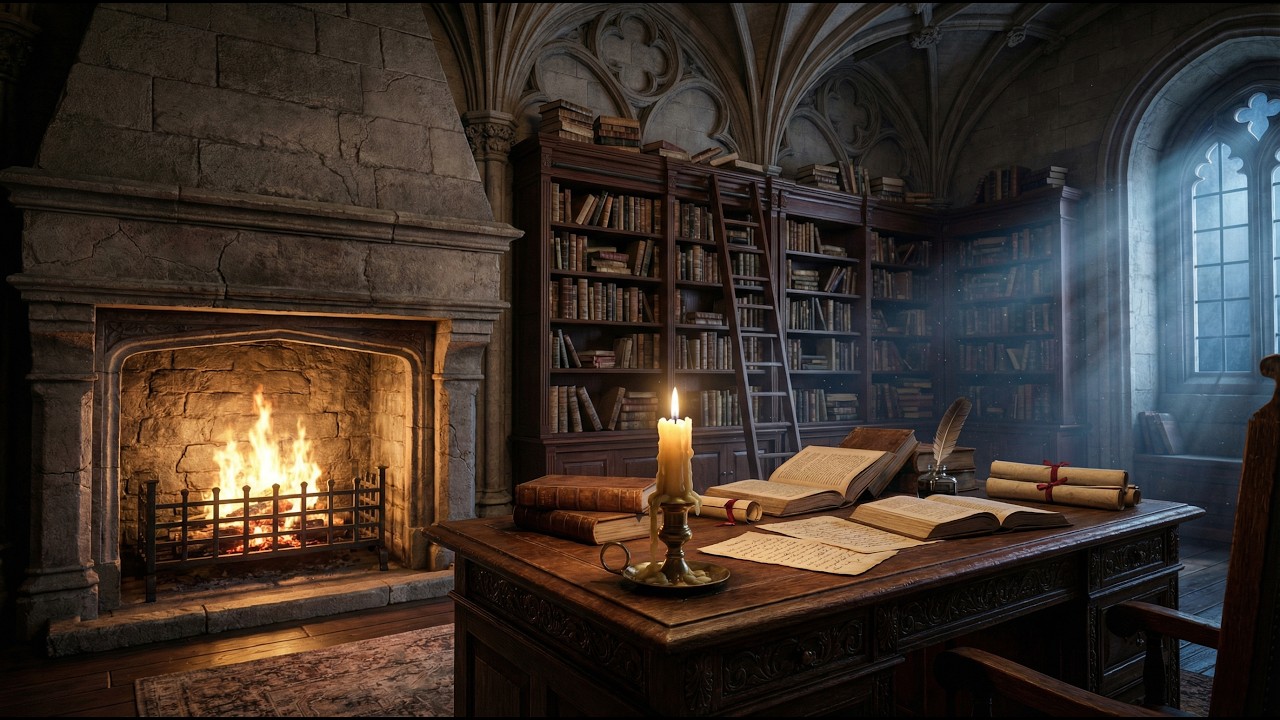 Medieval Library Fireplace Ambience | Candlelight, Warm Fire Sounds | Relaxing