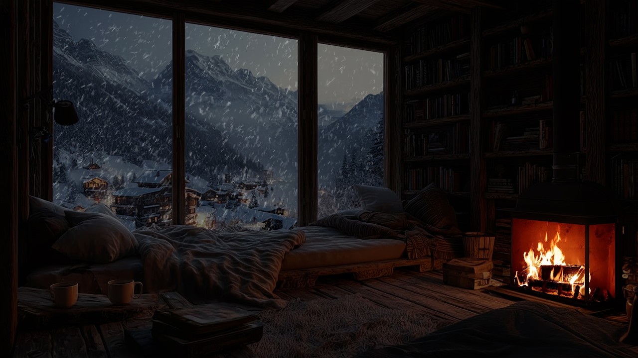 Gentle Snow Moving Through Firelight Glow ❄️ A Calm Winter Space for Focus