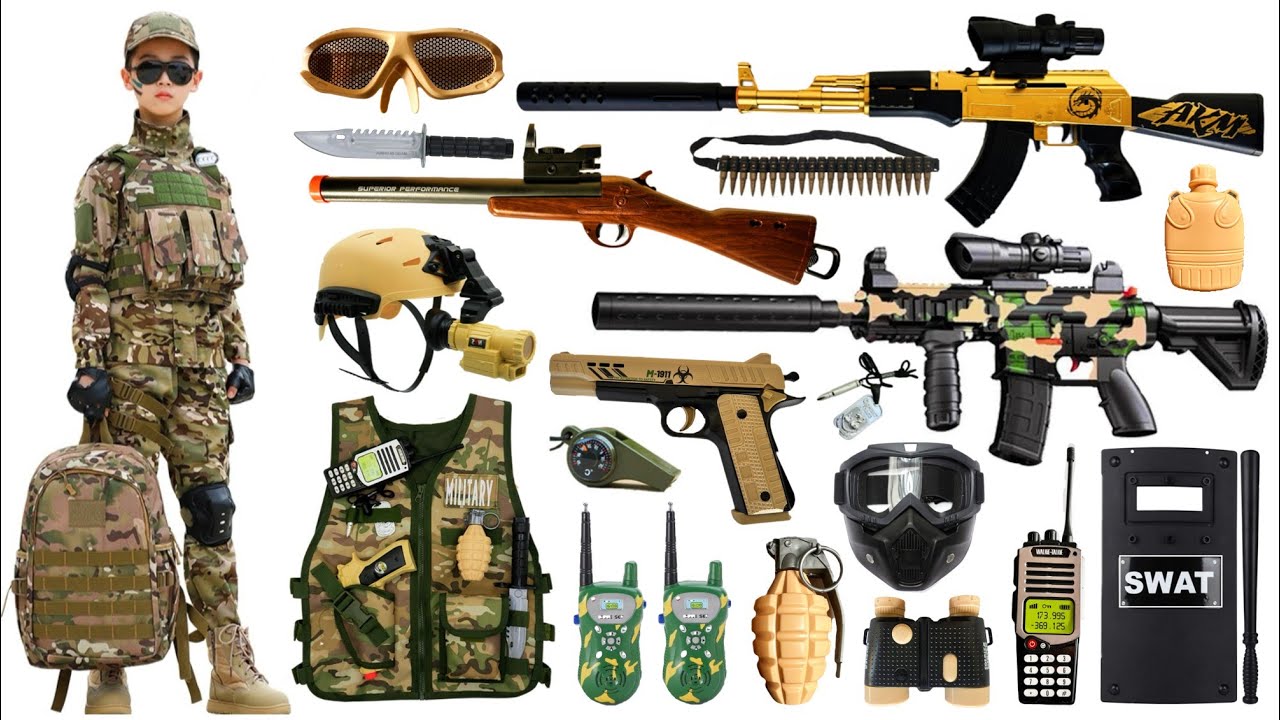 Special Police Weapons Toy set Unboxing-Gold AK-47 guns, M416 guns, Gas mask, Glock pistol, Dagger