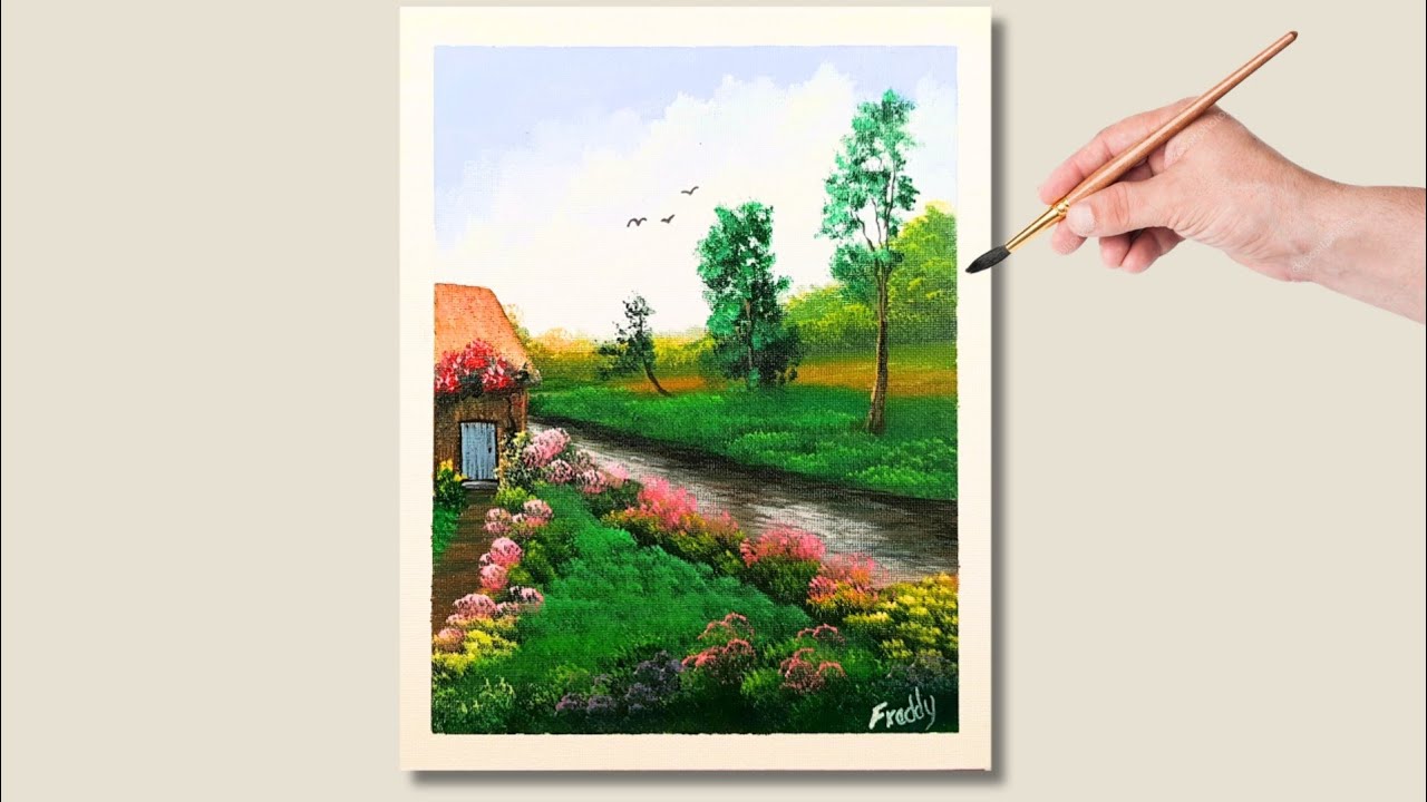 pintura acrilica para principiantes/ acrylic landscape painting/vida en el río.#97