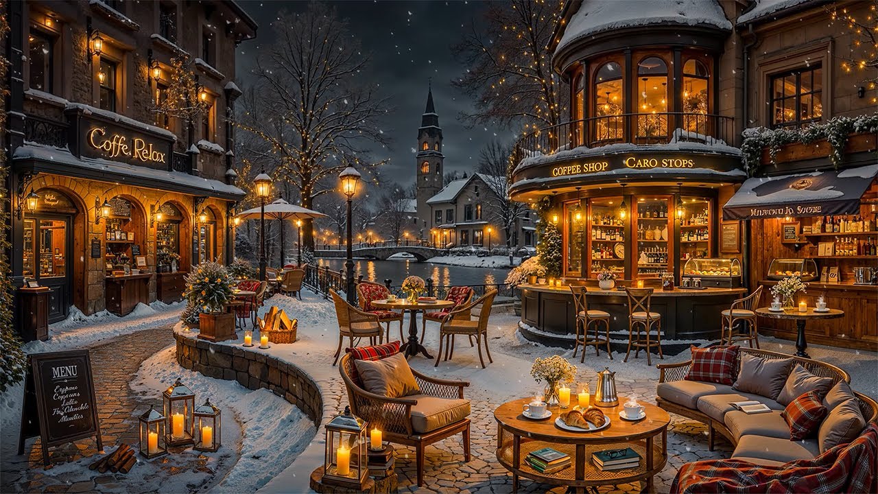 Snow Falling at Outdoor Coffee Shop Ambience ❄ Relaxing Winter Jazz Instrumental Music to Good Mood