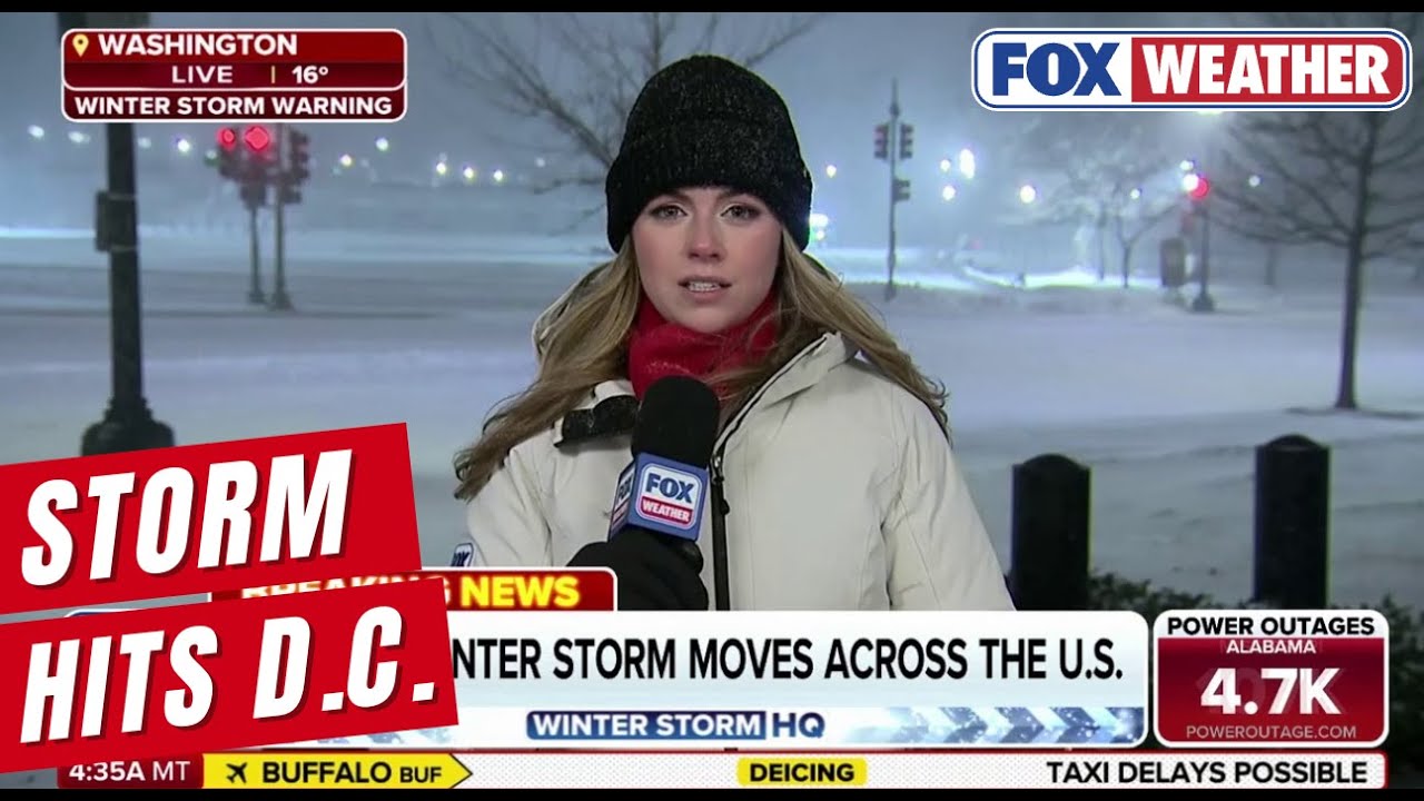 Snow And Wind Reducing Visibility In Washington D.C. As Massive Storm System Moves Through Northeast