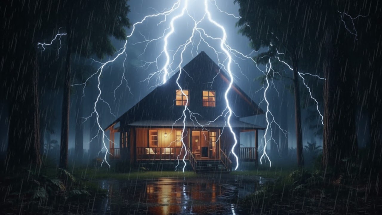 Deep rain sound and thunderstorm at cozy home in the forest