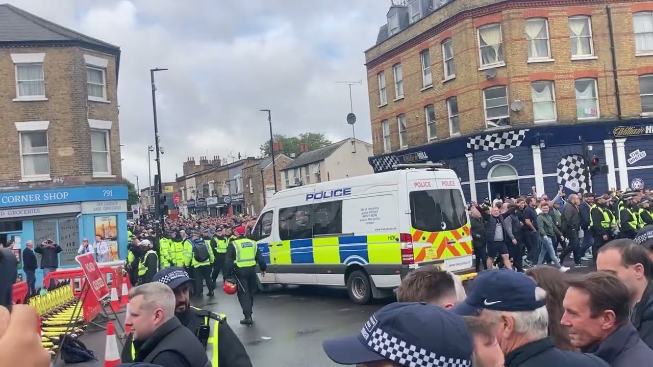West Ham fans arriving at the Tottenham Hotspur stadium met by Spurs fans
