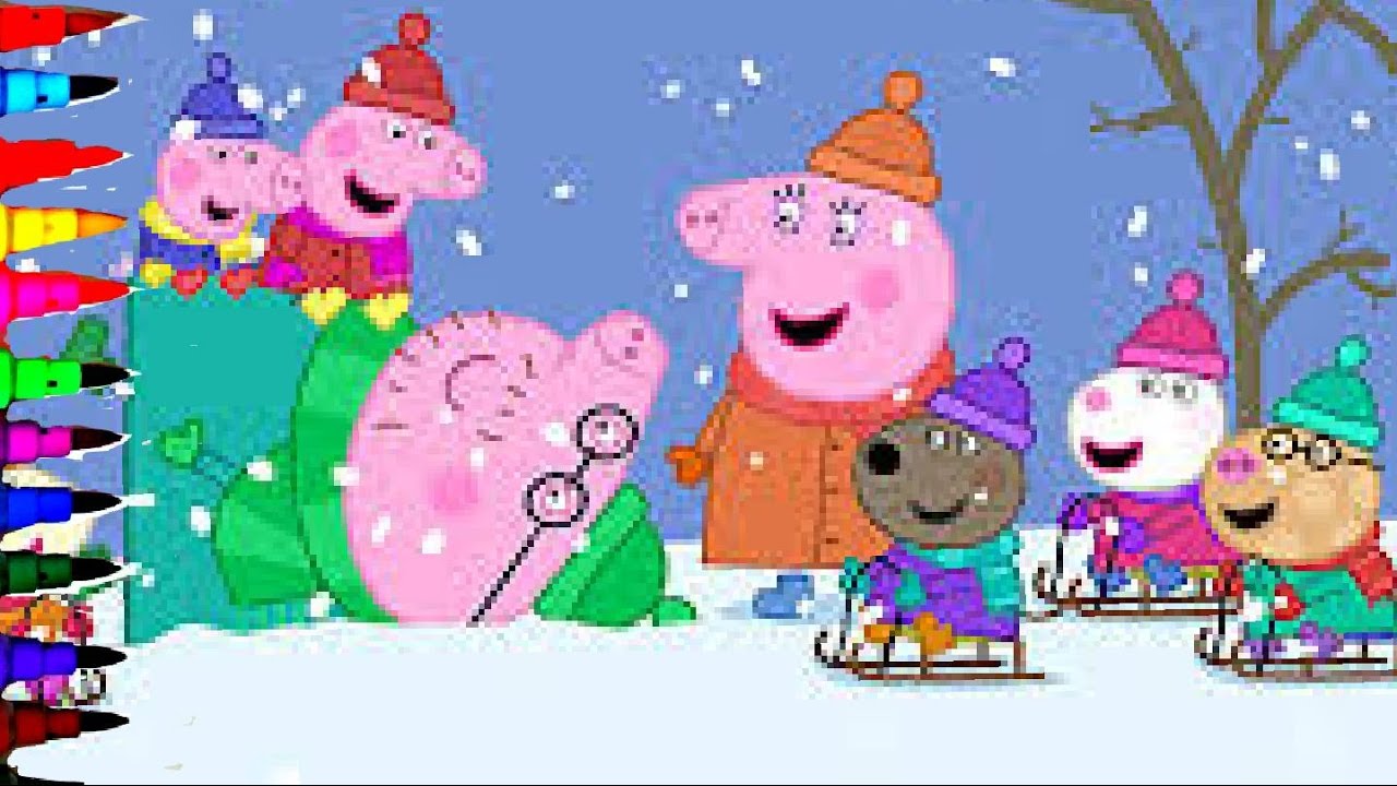 Peppa Pig and George Winter Snow Making Snowman Coloring Book Pages Coloring Videos For Kids Art