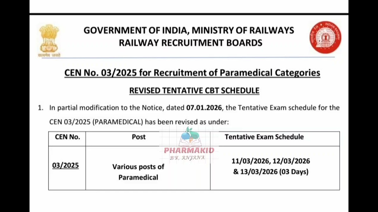 CHANGE IN RRB PHARMACIST EXAM DATE 03/2025