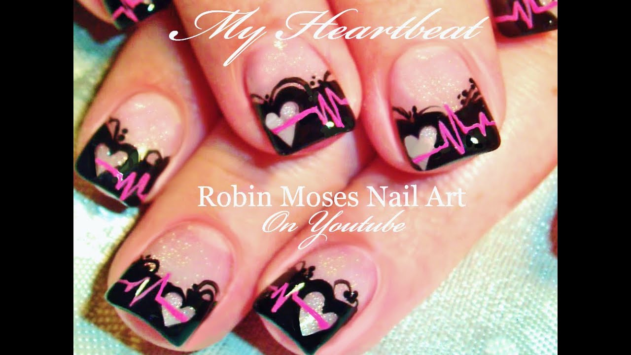 Valentine's Day Nails | Black Lace with Heart Beat EKG Nail Art Design