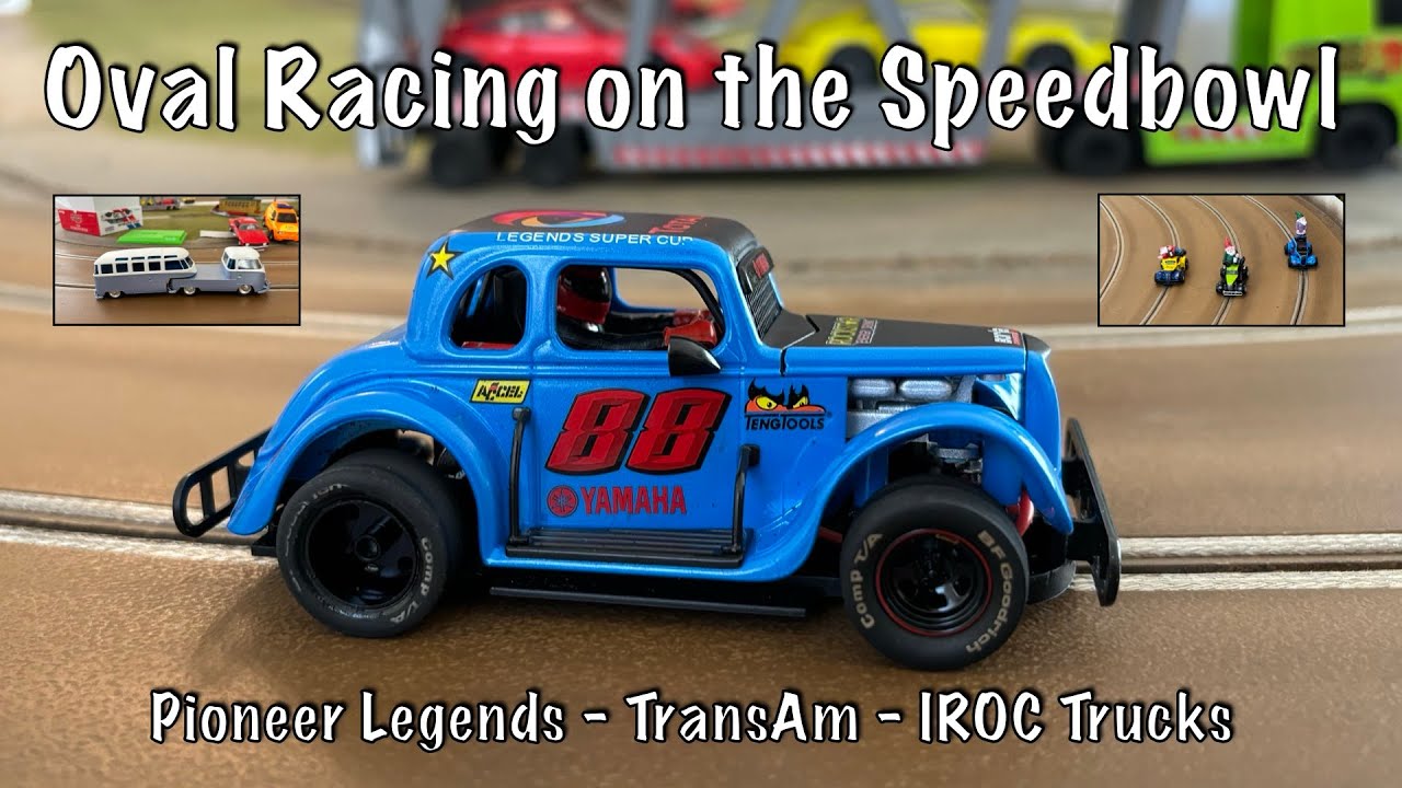 32nd Scale Slot Car Racing on the Speedbowl Oval - Pioneer Legends, TransAm and IROC Trucks