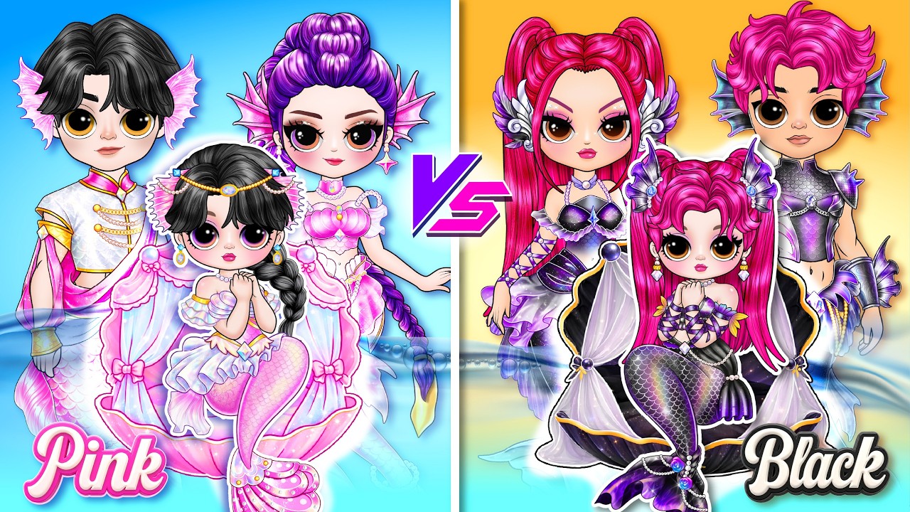 Pink Mermaid vs Black Mermaid Families! Huntrix & Saja Boys Glow Up | DIY Fashion Paper Dolls