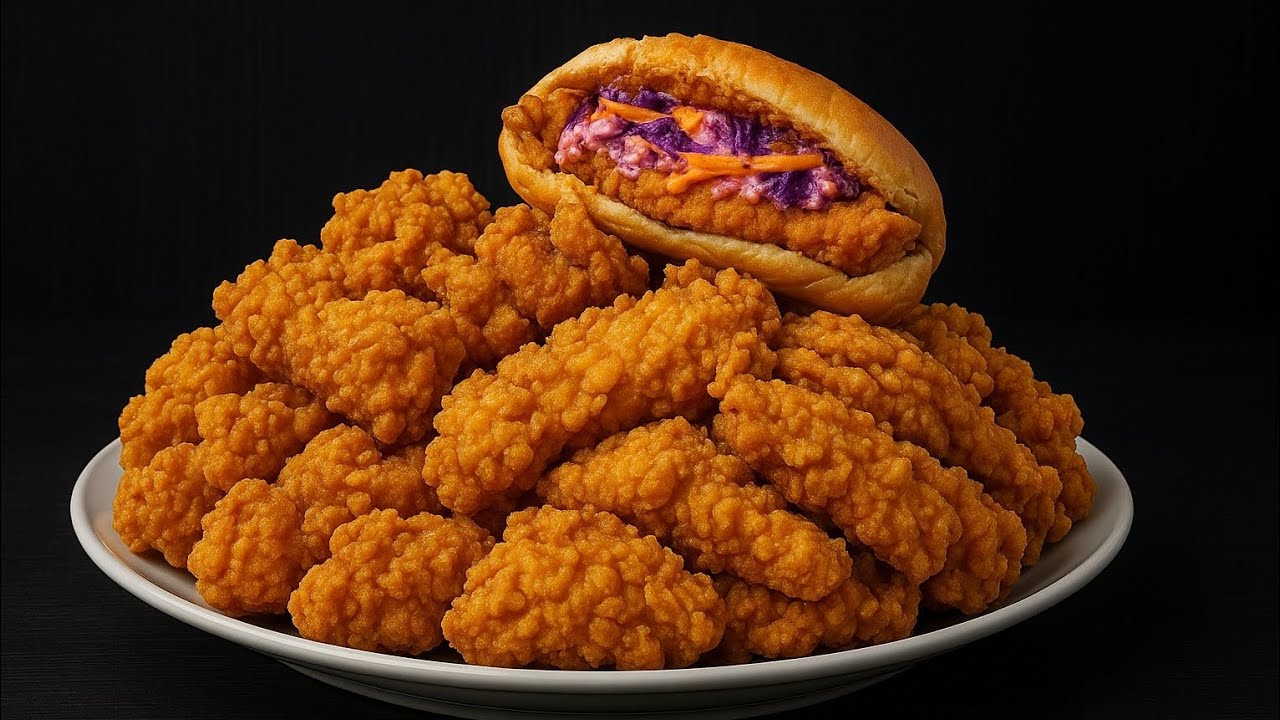 مرغ سوخاری ترد با کلم قرمز مخصوص و سس خانگی   Crispy Fried Chicken with Red Cabbage & Homemade Sauce