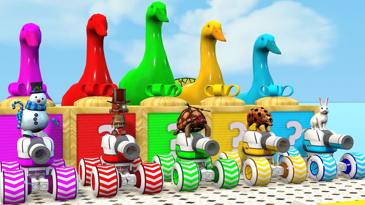 5 Giant Duck Cartoon,Cow,Elephant,Tiger,Dinosaur,Paint Wild Animals Crossing Fountain Animation #332