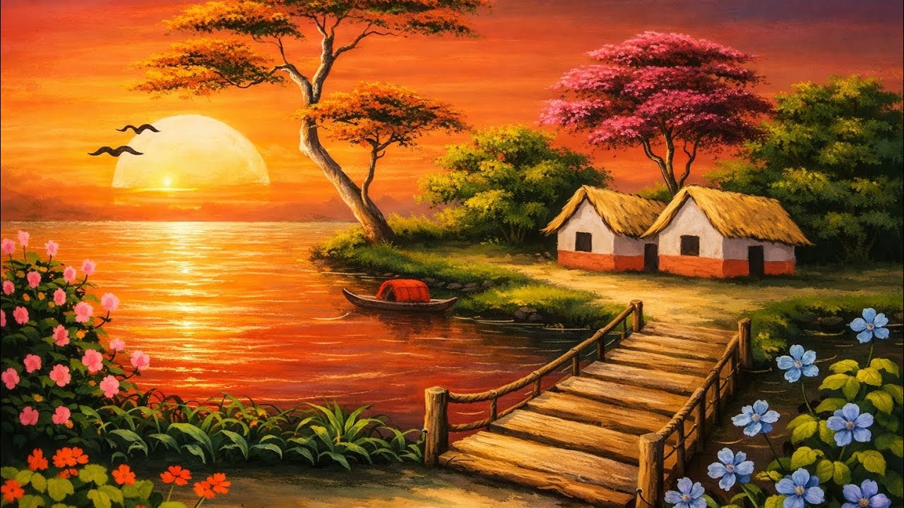 Realistic🏠Village Sunset Scenery Painting | Full Video#VillageScenery#SunsetPainting