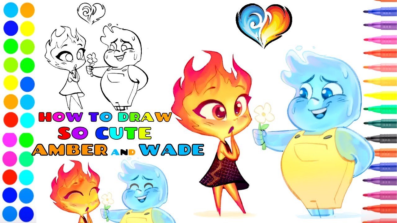 How to draw so cute Amber and Wade from elemental by Pixar - Simple Drawings a special day of love