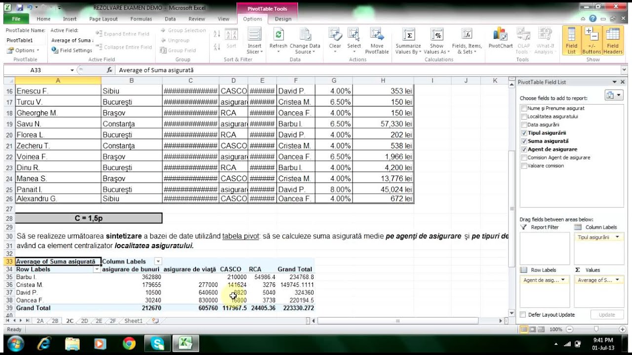 Rezolvare model de examen EXCEL