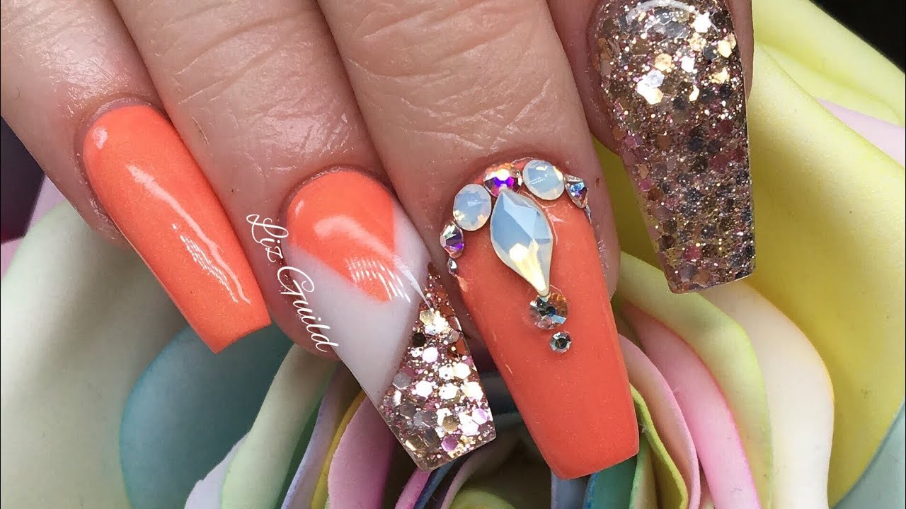 LONG BALLERINA ACRYLIC NAILS | PEACH AND CRYSTAL PLACEMENT