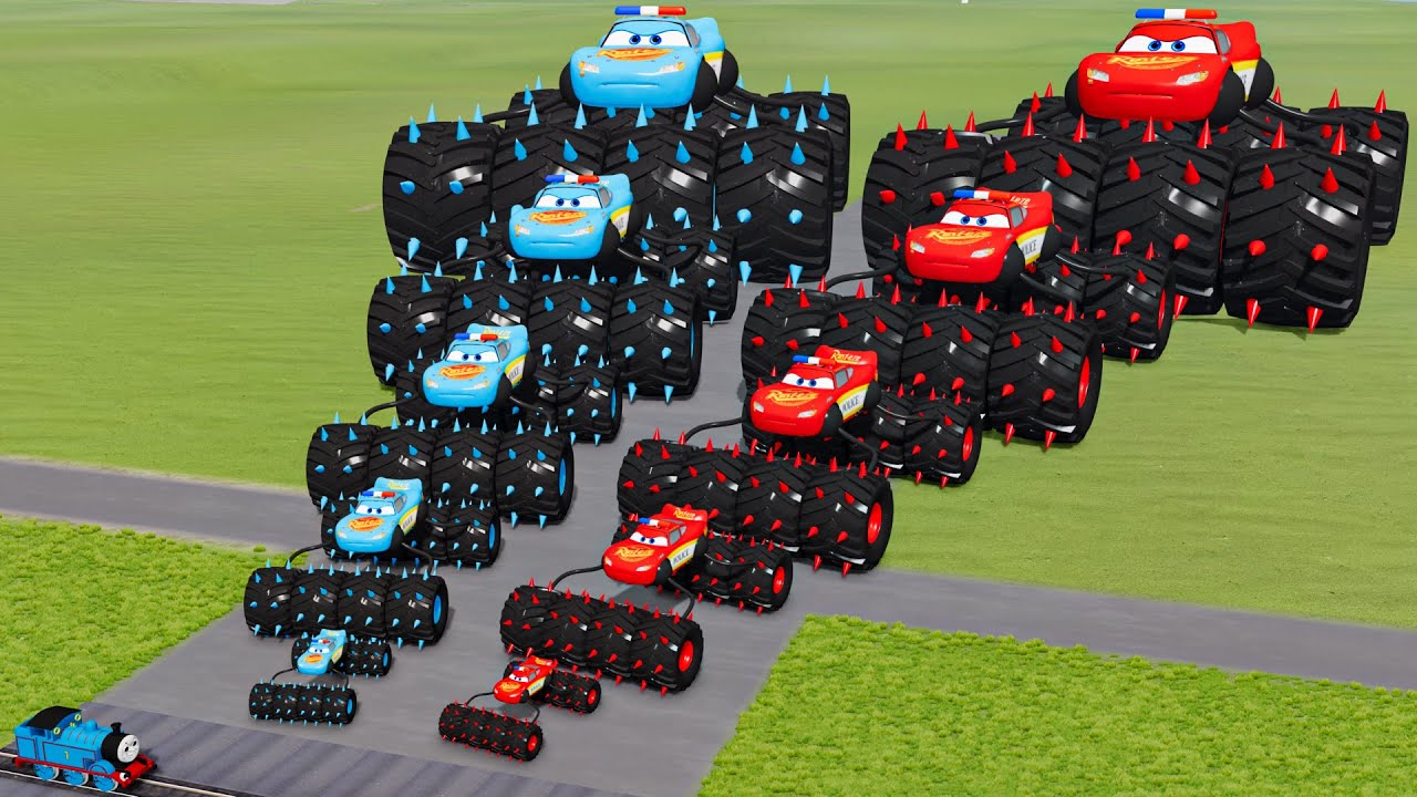 Big & Small Color Lightning McQueen Police cars vs Thomas Trains | BeamNG.Drive