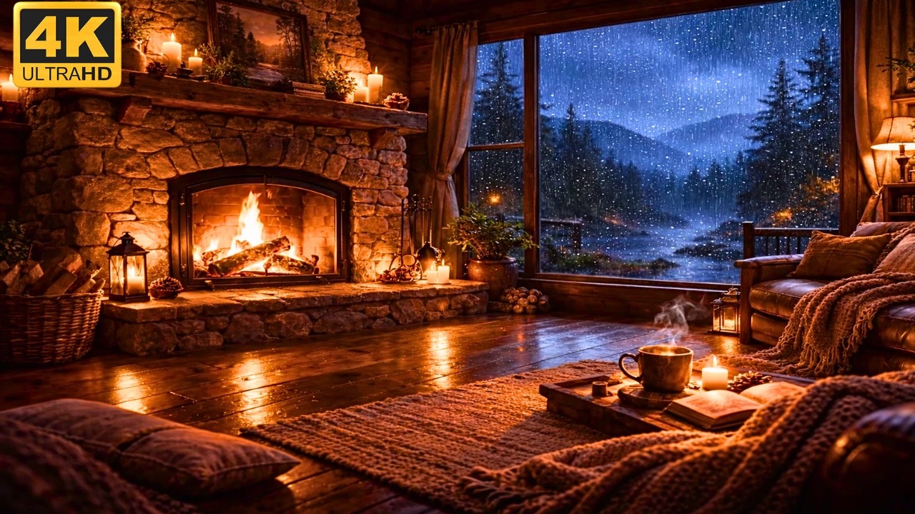 POV: You’re in a Cozy Mountain Cabin during a Storm 🏔️ Heavy Rain & Crackling Fireplace Sounds