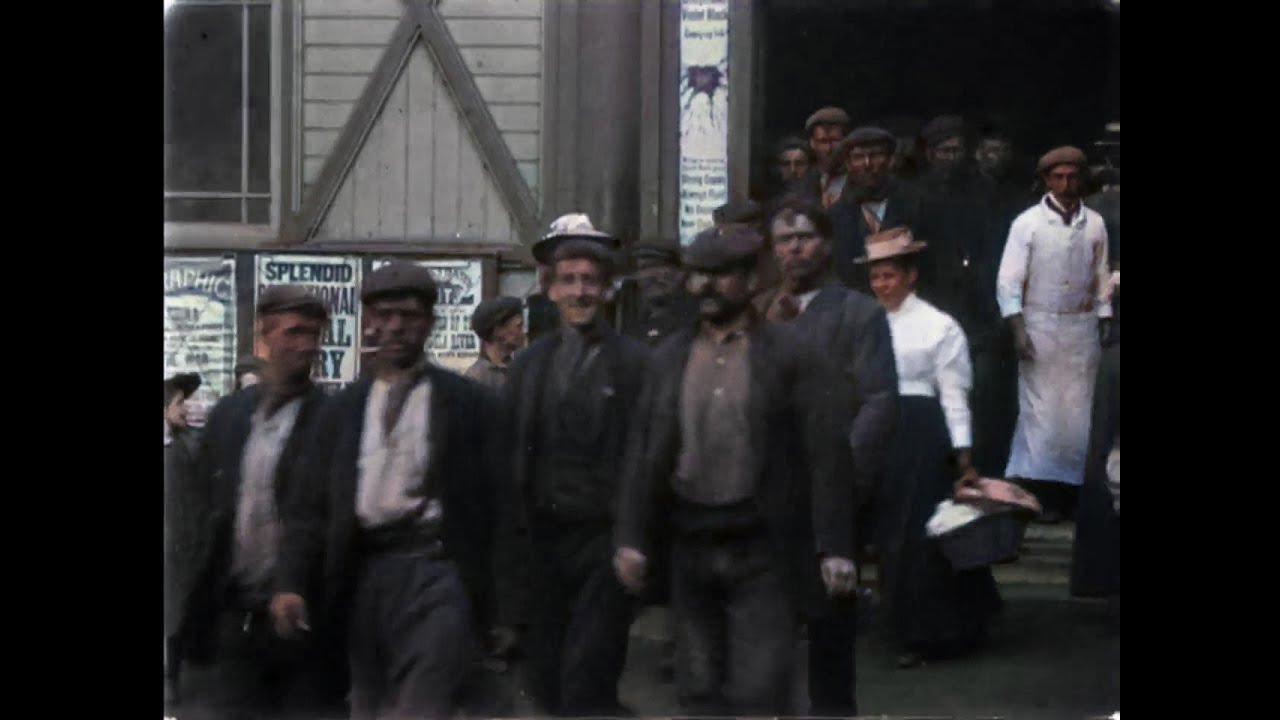 Colour: Creswell and Langwith Coal Miners leaving work 1900