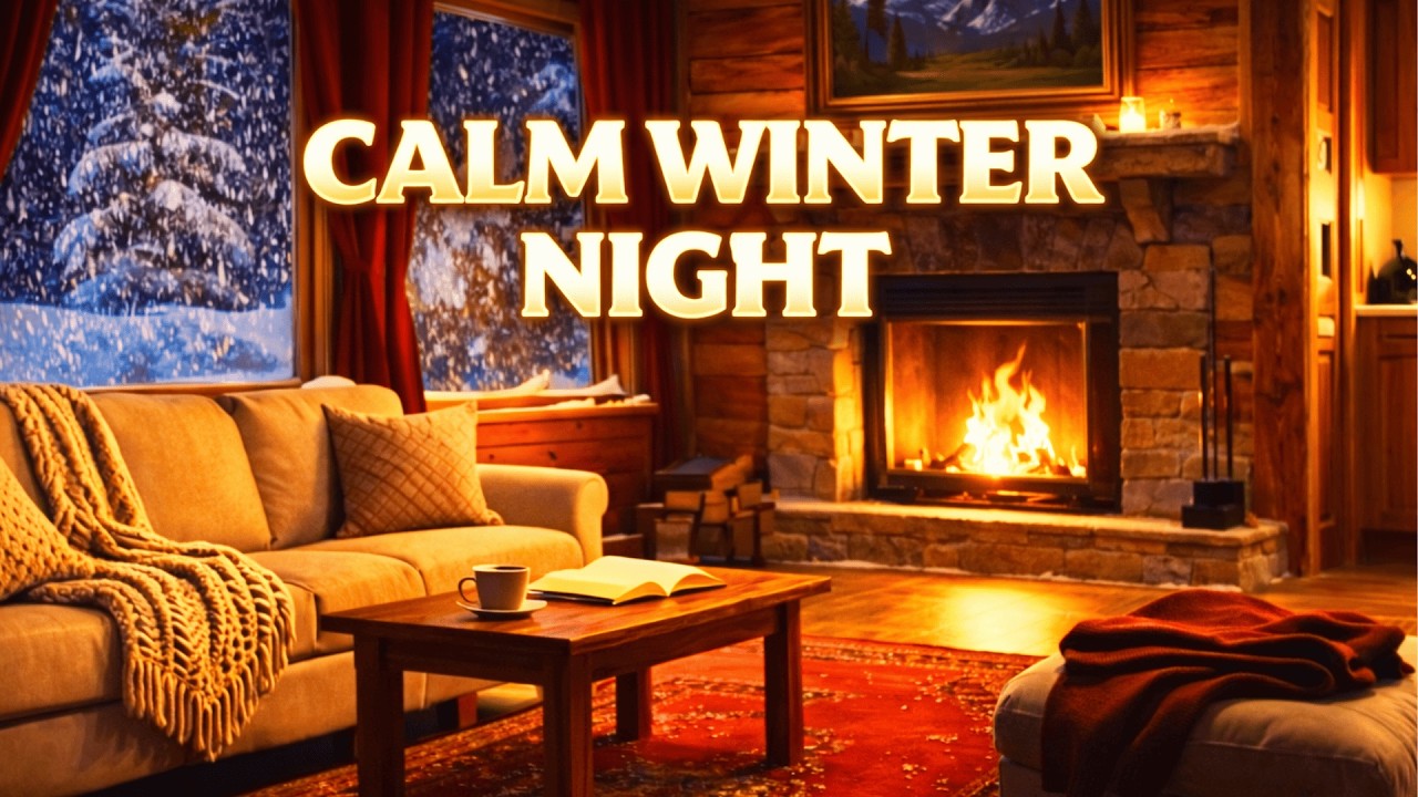 Snowy Mountain Cabin at Night ❄️ Fireplace & Piano Music | Calm Evening Ambience