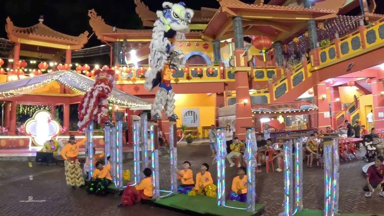 lion dance high pole performance at temple (after raining) slippery