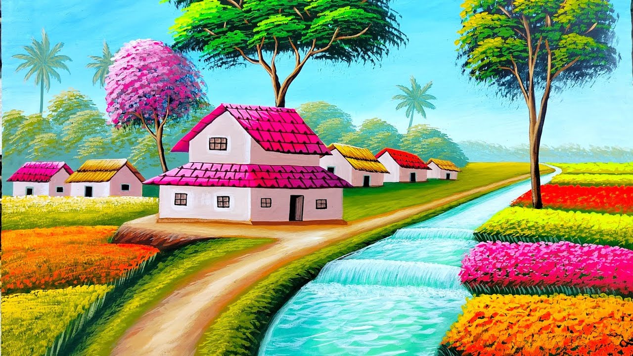 Indian village scenery painting | nature drawing painting | painting 552