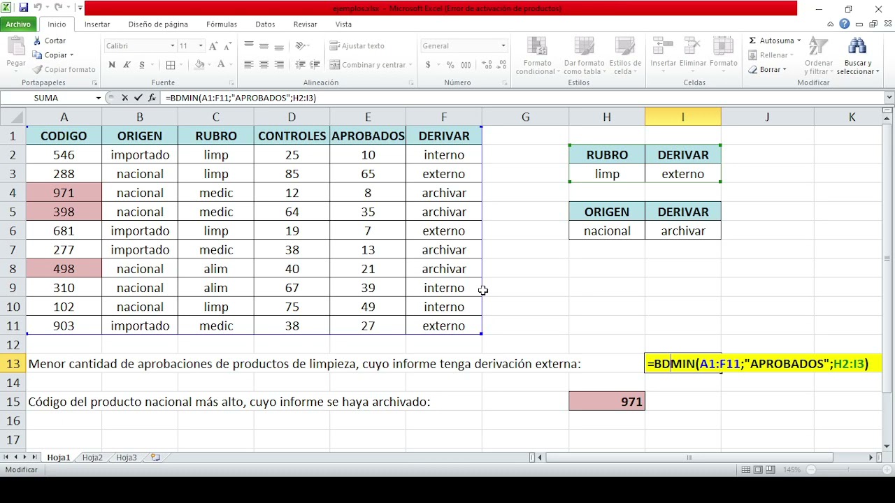 Excel - Funci&oacute;n BDMAX y BDMIN