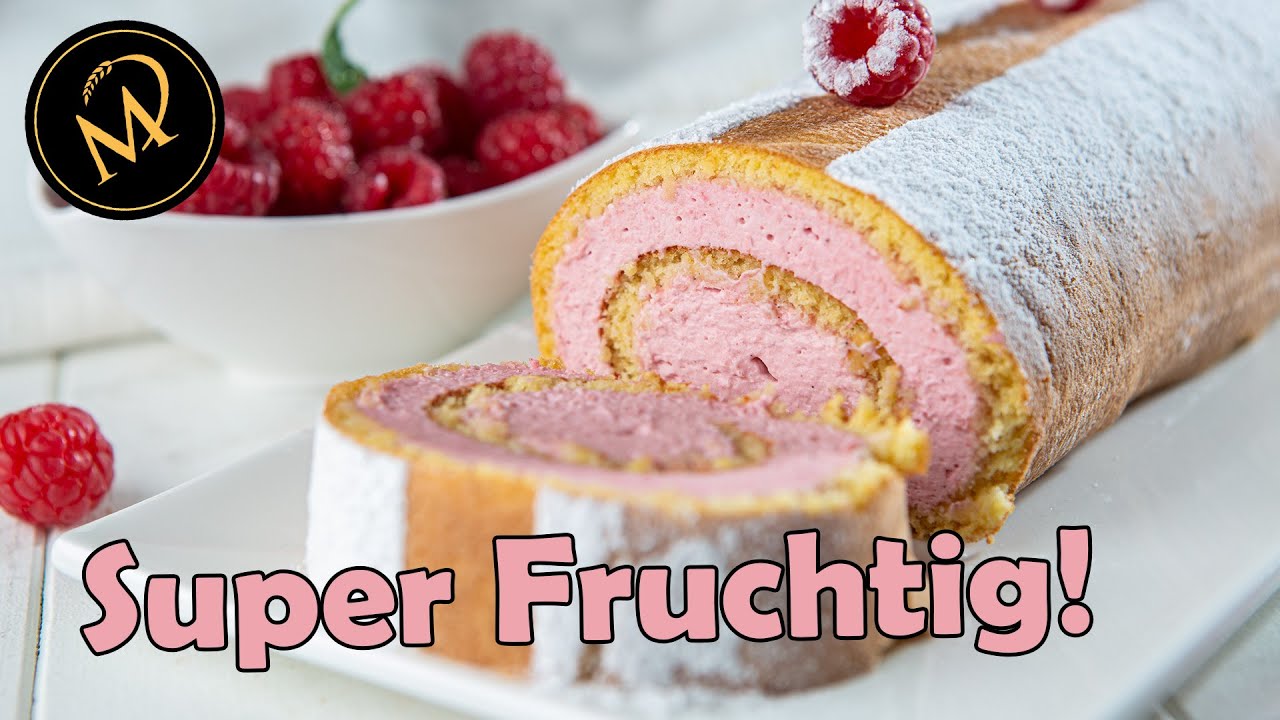 Leichte,  fruchtige Himbeeren Biskuitrolle - schnell gemachtes Biskuitrouladen Rezept mit Himbeeren