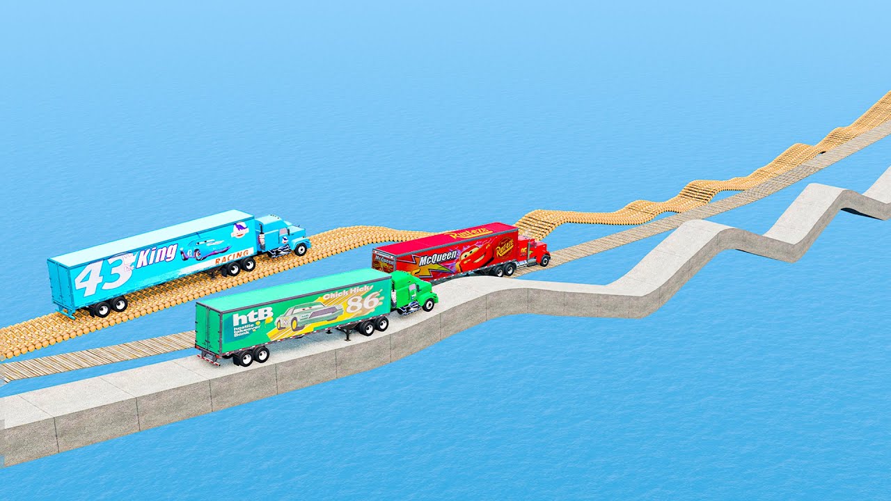 Mack Truck vs King Dinoco Truck vs Chick Hicks Truck vs Impossible Wave and Log Wave Bridge - BeamNG