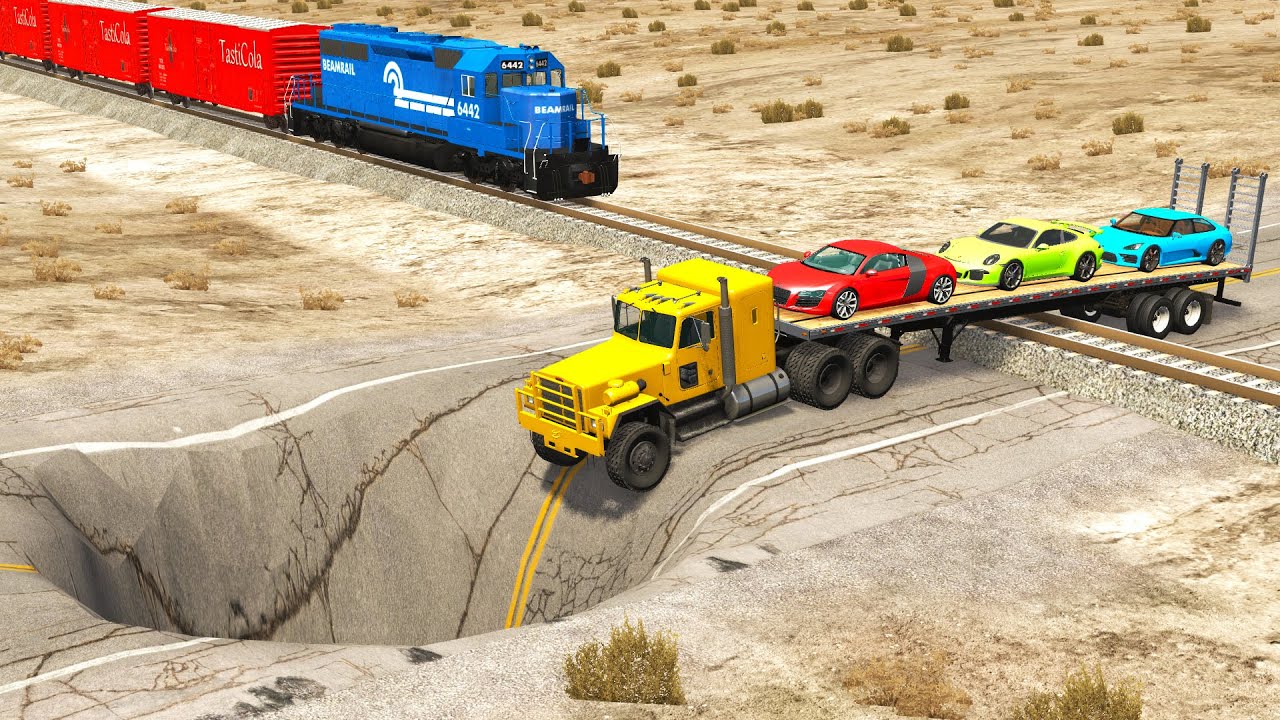 Transporter Truck Flatbed Trailer Giant Pit Car Rescue - Cars vs Giant Pit and Train - BeamNG.drive