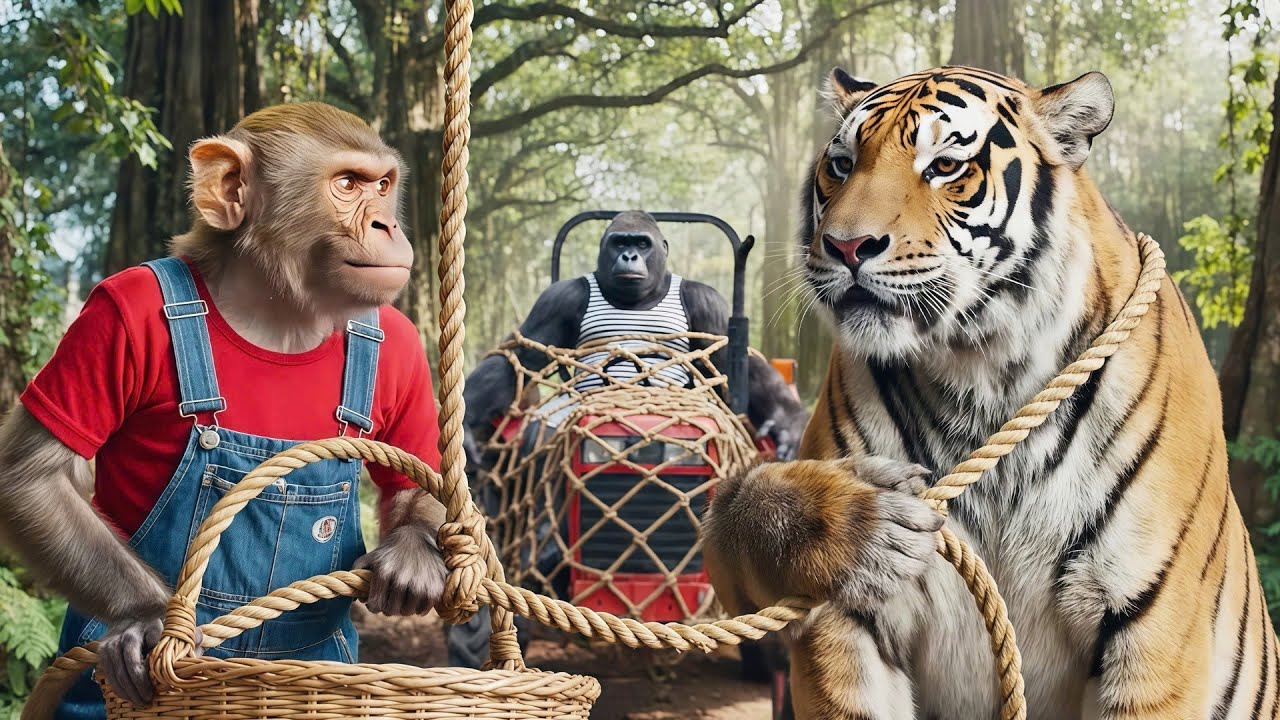Monkey Su Ty Drives a Tractor. A Chimpanzee Stolen the Tractor, a Tiger Helps. A Sneaky Thief Cau...