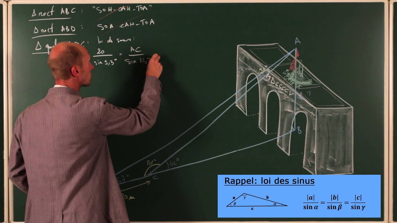 Calcul hauteur du cinquantenaire - Trigonométrie - Triangles quelconques