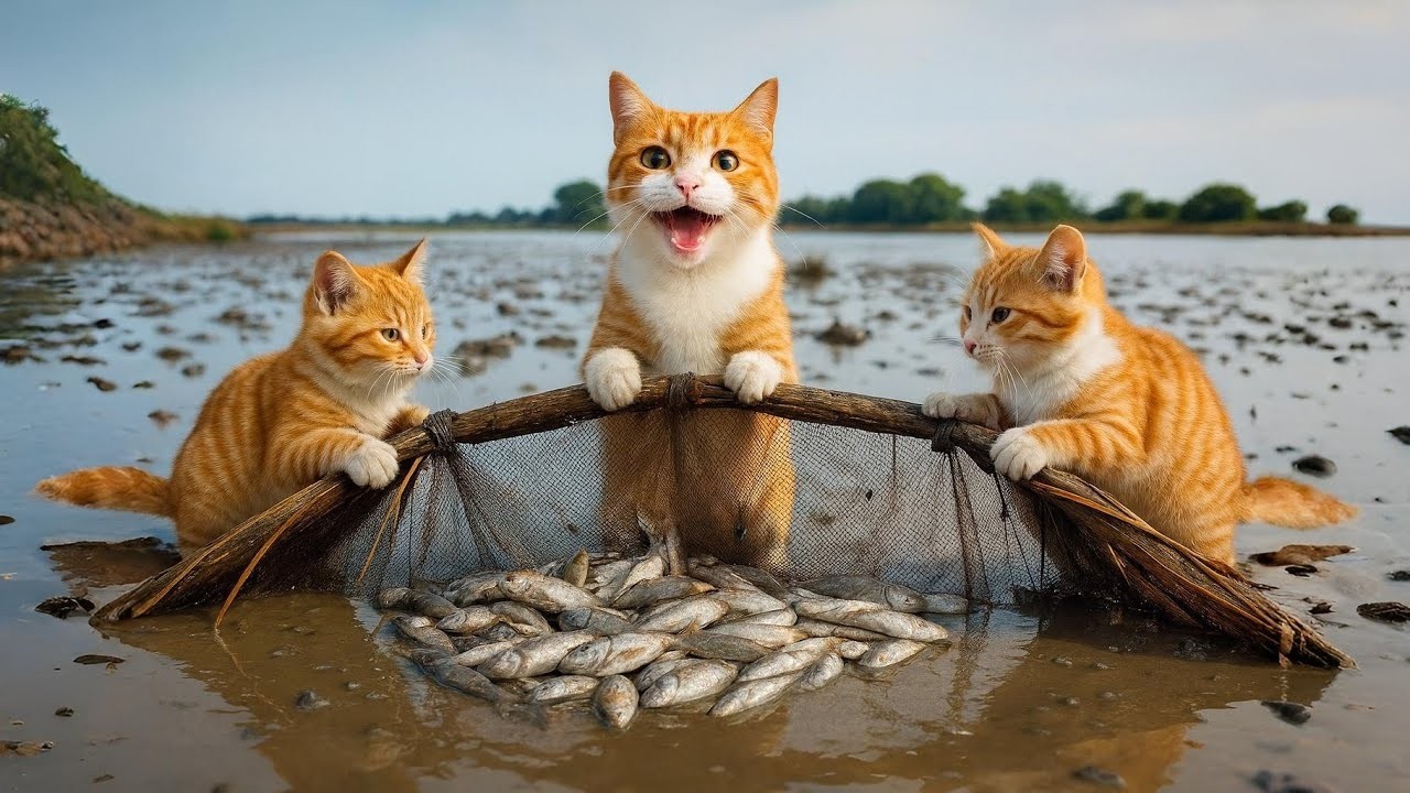 Hungry Kittens Catch Fish in Muddy River 🐟🐱 | Survival Adventure Story