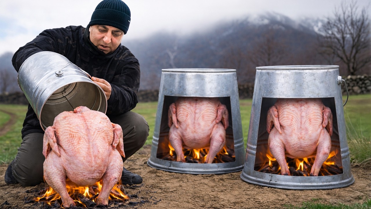 Giant Turkey Roasted Under Buckets In Open Fire!