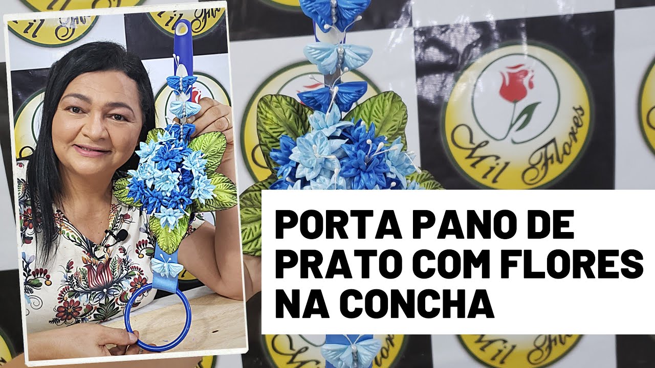 PORTA PANO DE PRATO EM CONCHA COM FLORES
