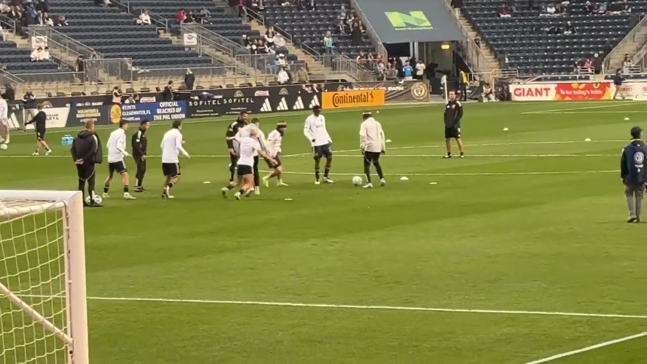 All the Philadelphia Union players are warming up before their game against Orlando.