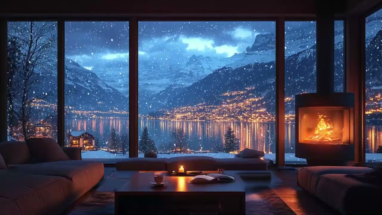 Calm Snowy Evening at a Mountain Lake ❄️ Soft Falling Snow & Cozy Fireplace Ambience