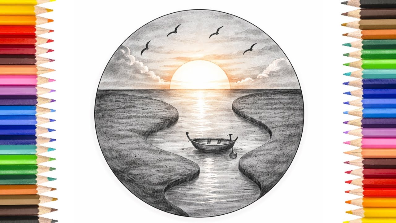 Easy Pencil Drawing of Desert Sunset Lake | Simple Landscape with Boat🌅🛶