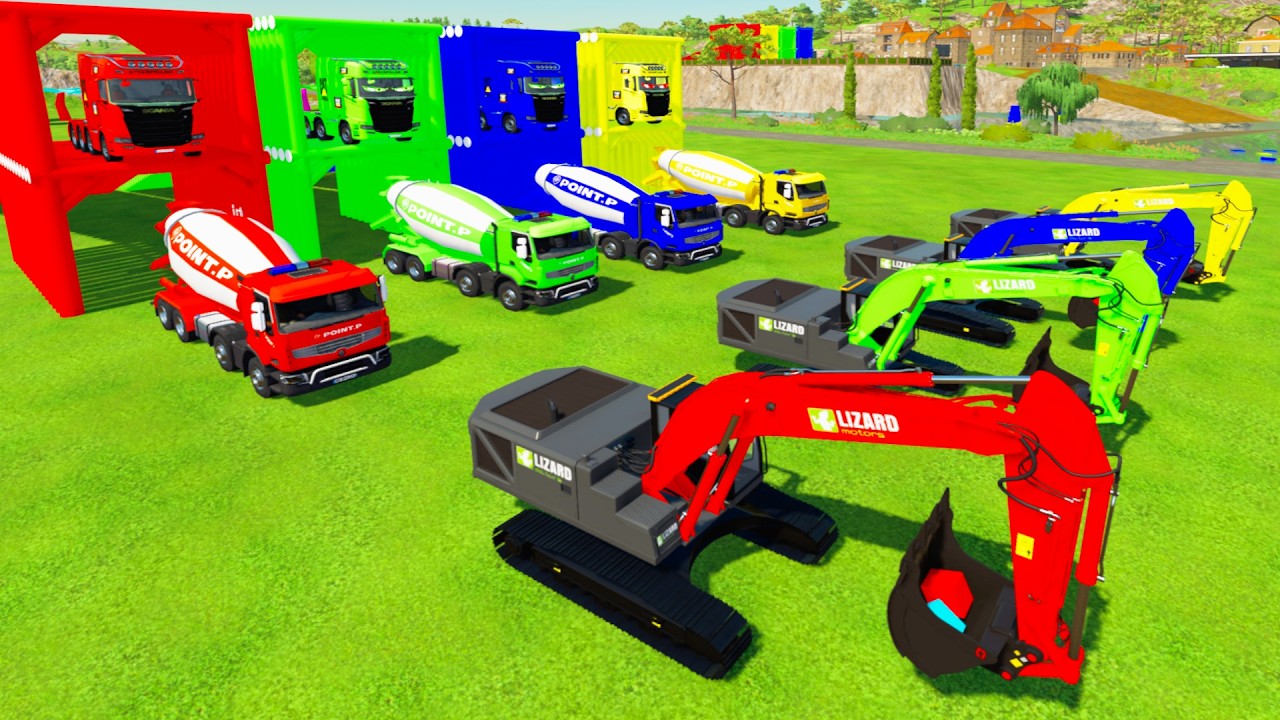 Trucks with colors - ALL COLORFUL EXCAVATOR, CONCRETE MIXER TRUCK TRANSPORTING WITH SCANIA TRUCKS