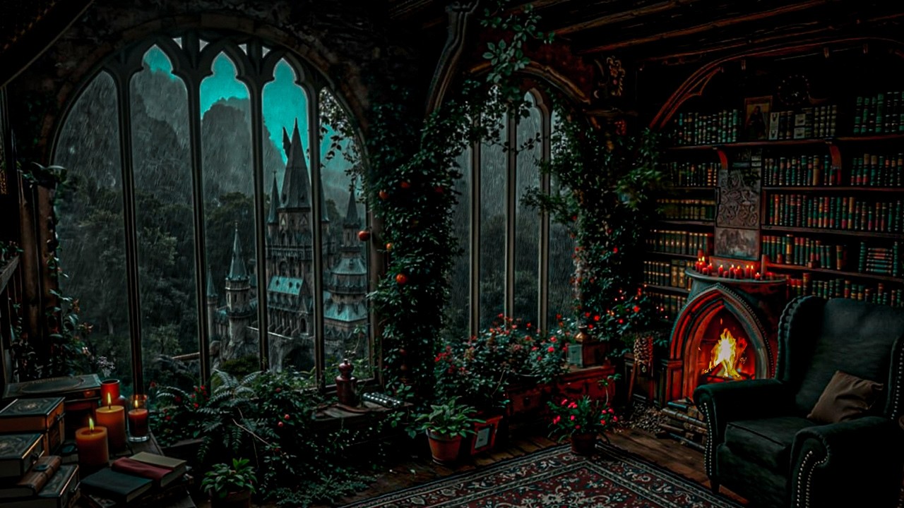 Candlelit Study Room Overlooking a Rainy Castle | Deep Focus & Writing Escape | Dark Academia Piano