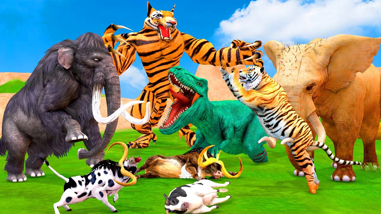 Giant Tiger wolf Attacks Dinosaur Chase Cow Cartoon Buffalo Gorilla Saved By Woolly Mammoth Elephant