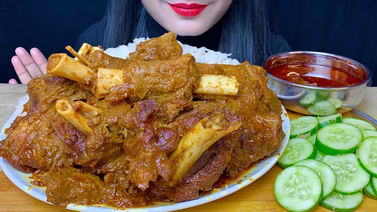 ASMR EATING MUTTON CURRY WITH RICE, SALAD || REAL MUKBANG (FOOD EATING SHOW)
