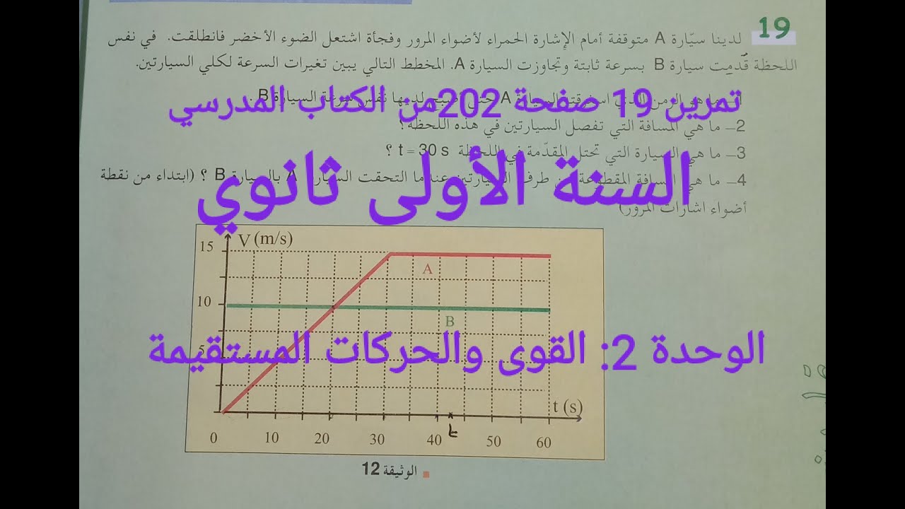 السنة الأولى ثانوي:حل تمرين 19صفحة202/لتقويم الوحدة الثانية القوى والحركات المستقيمة