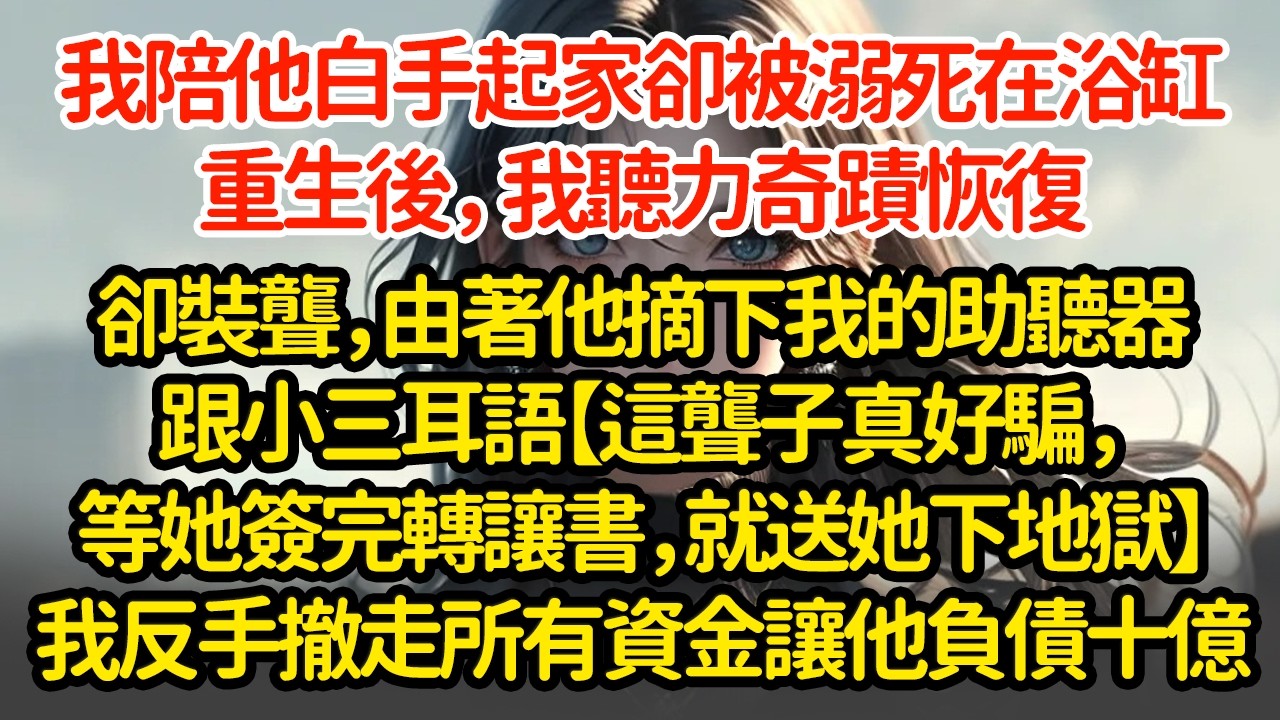 我陪他白手起家卻被溺死在浴缸，重生後，我聽力奇蹟恢復卻裝聾，由著他摘下我的助聽器跟小三耳語【這聾子真好騙，等她簽完轉讓書，就送她下地獄】我反手撤走所有資金讓他負債十億！