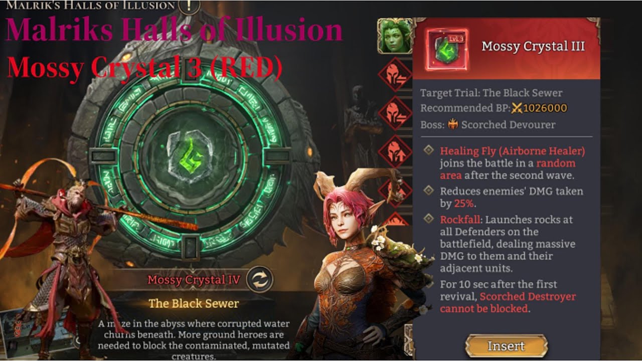Mossy Crystal lvl 3 (Red) | Rockfall + Healing Fly | Watcher of Realms