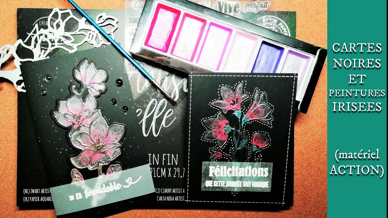 Tutoriel Carte: Papier Aquarelle Noir et aquarelles nacrées de chez ACTION
